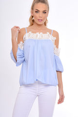 Blue Cold Shoulder Crochet Detail Top - Maggie-Tops