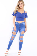 Blue Cold Shoulder Crop Top - Amilah-Tops