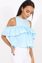 Blue Cold Shoulder Frill Layer Top - Ursula-Tops