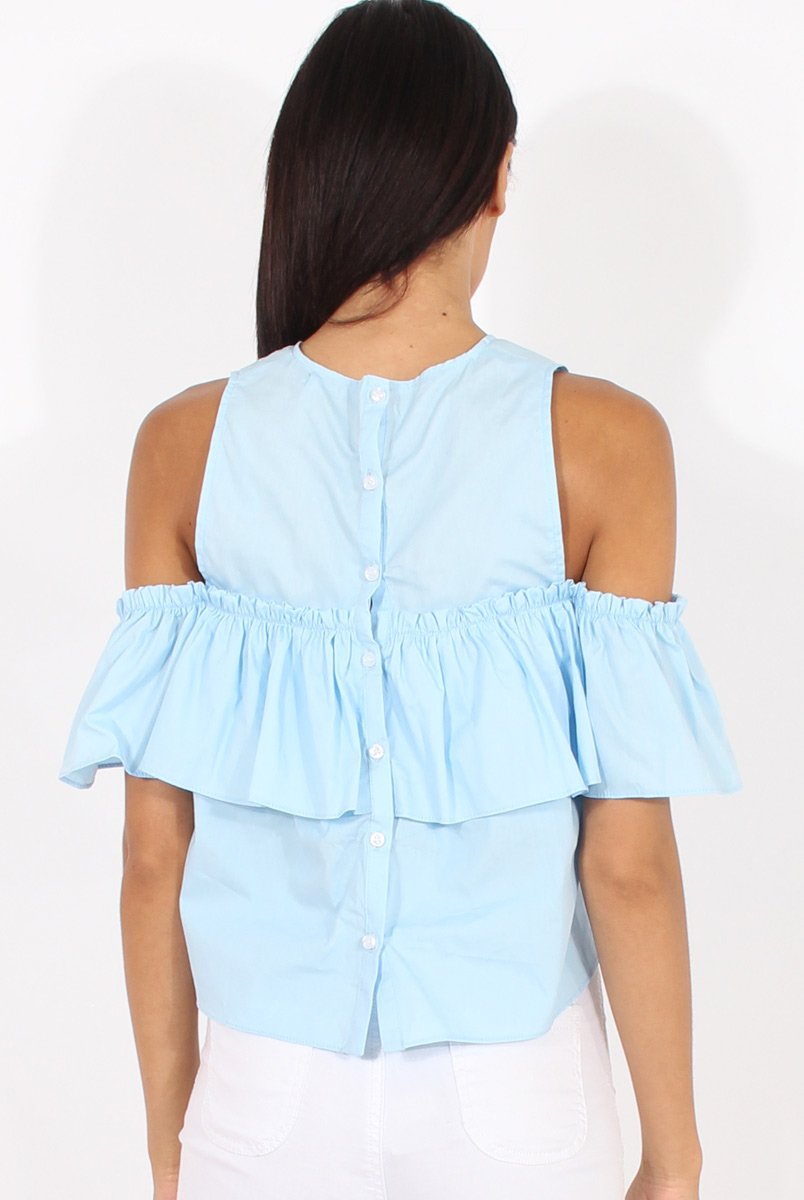 Blue Cold Shoulder Frill Layer Top - Ursula-Tops