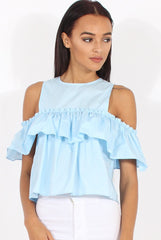 Blue Cold Shoulder Frill Layer Top - Ursula-Tops