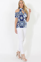 Blue Cold Shoulder High Neck Top - Marie-Tops