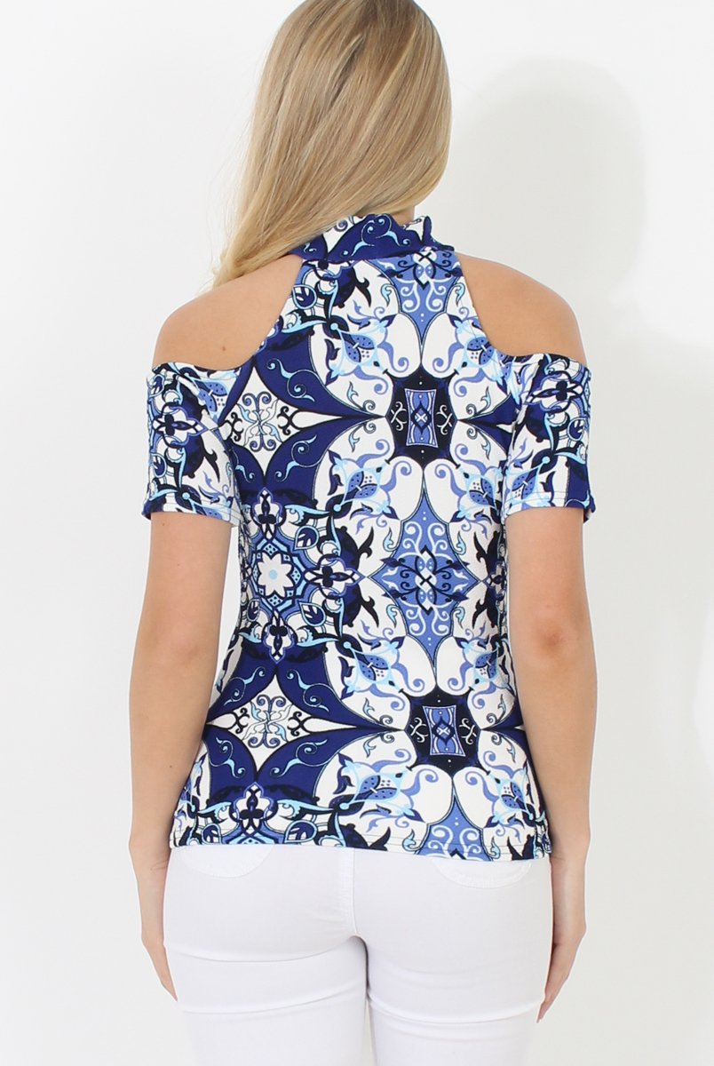 Blue Cold Shoulder High Neck Top - Marie-Tops