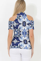 Blue Cold Shoulder High Neck Top - Marie-Tops