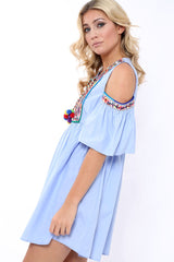 Blue Cold Shoulder Shift Dress with Aztec Embroidery - Elodie-Dresses