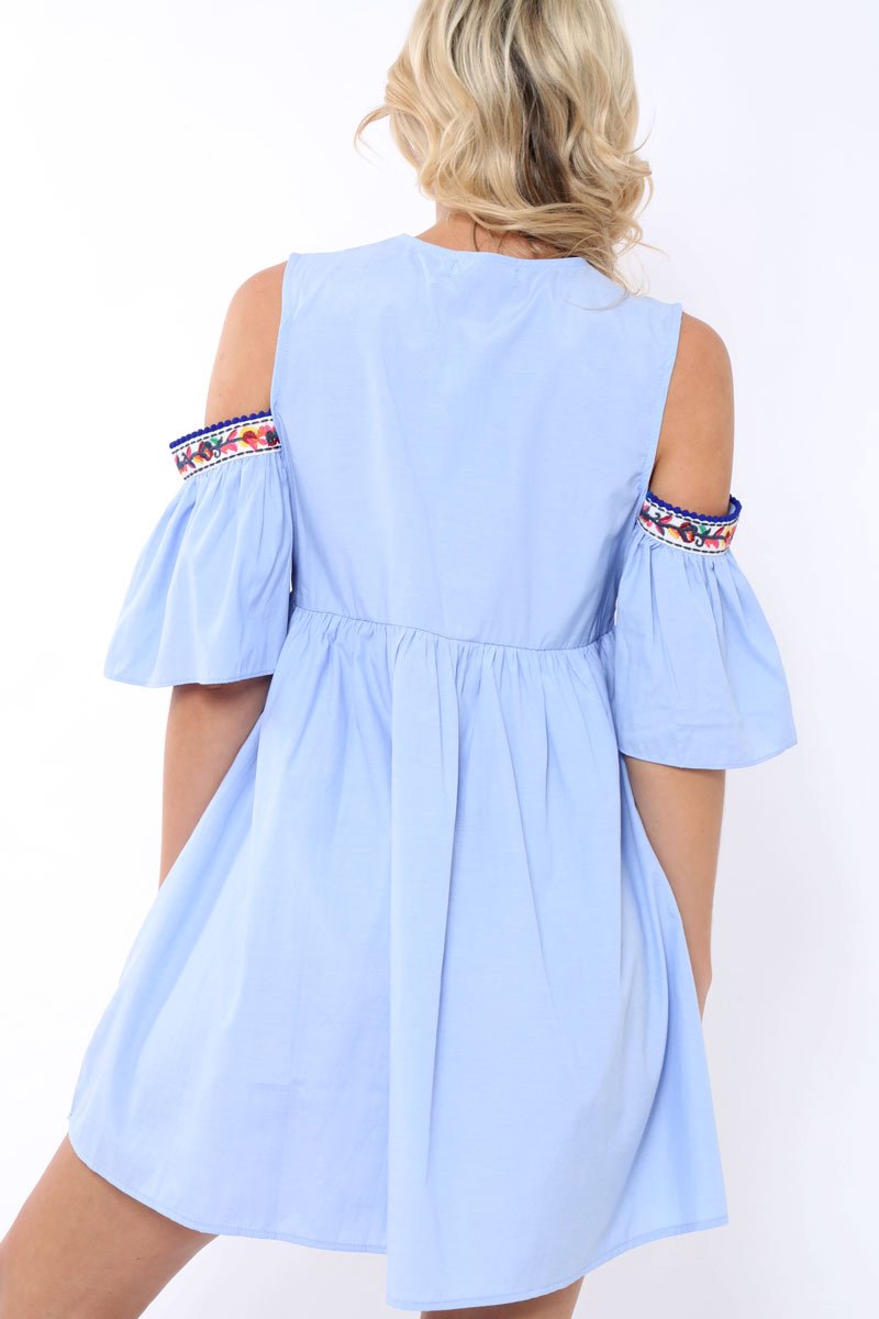 Blue Cold Shoulder Shift Dress with Aztec Embroidery - Elodie-Dresses