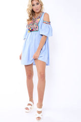 Blue Cold Shoulder Shift Dress with Aztec Embroidery - Elodie-Dresses