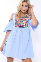 Blue Cold Shoulder Shift Dress with Aztec Embroidery - Elodie-Dresses