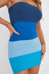 Blue Colour Block Bandeau Ribbed Mini Dress - Saddie-Dresses