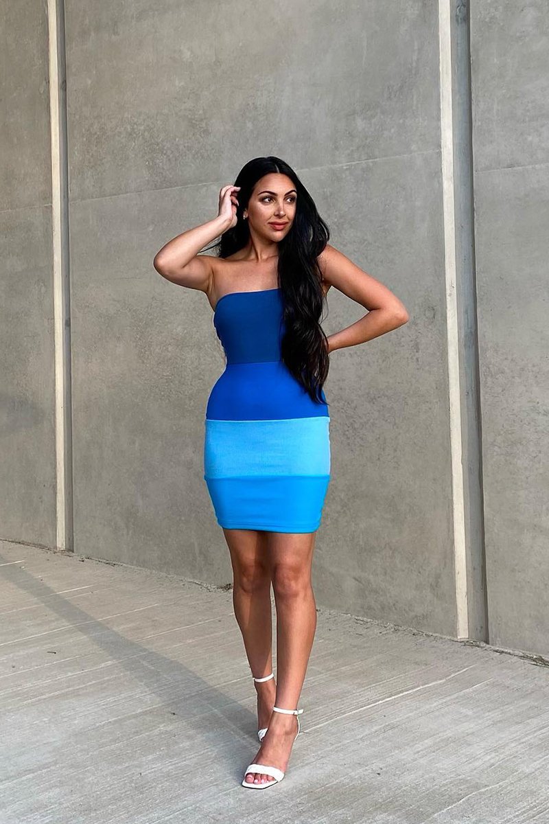 Blue Colour Block Bandeau Ribbed Mini Dress - Saddie-Dresses