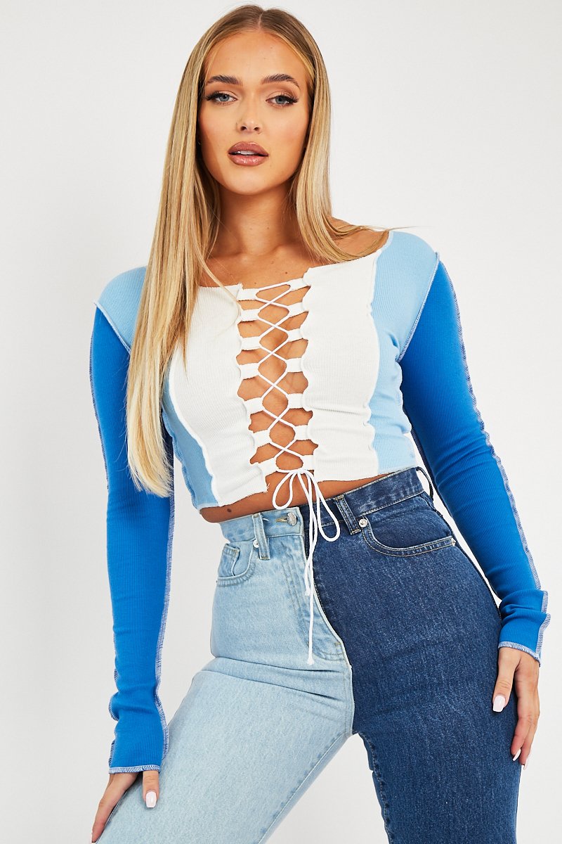 Blue Colour Block Lace Up Front Crop Top - Bella-Crop Tops
