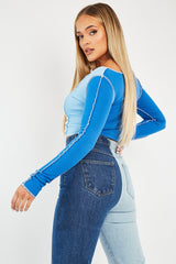 Blue Colour Block Lace Up Front Crop Top - Bella-Crop Tops