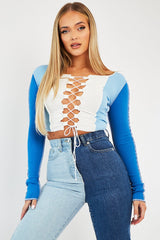 Blue Colour Block Lace Up Front Crop Top - Bella-Crop Tops