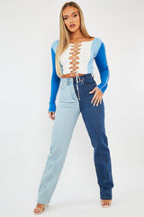 Blue Colour Block Lace Up Front Crop Top - Bella-Crop Tops