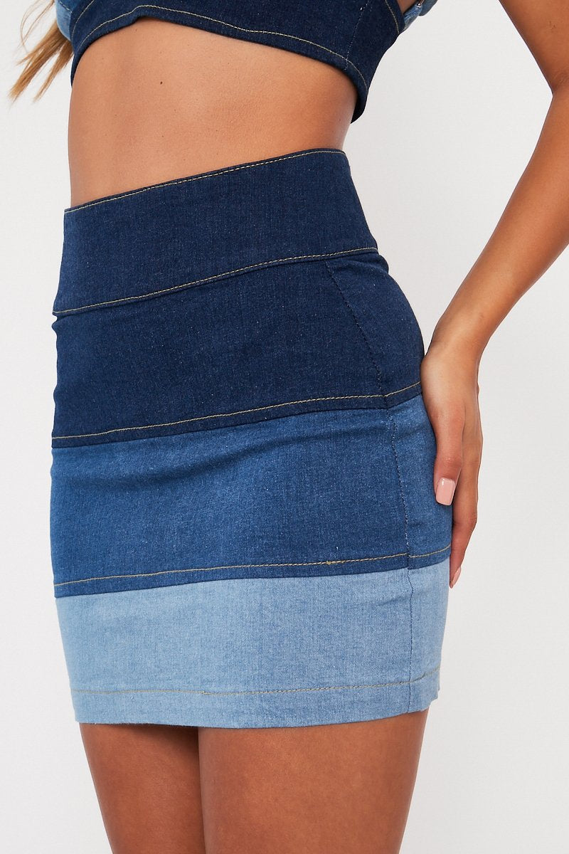 Blue Contrast Panel Denim Skirt - Kodie-Skirts