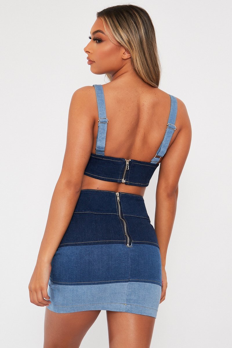 Blue Contrast Panel Denim Skirt - Kodie-Skirts