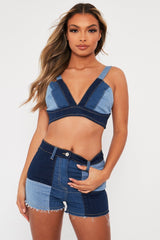 Blue Contrast Panel Denim Top - Aariana-Tops