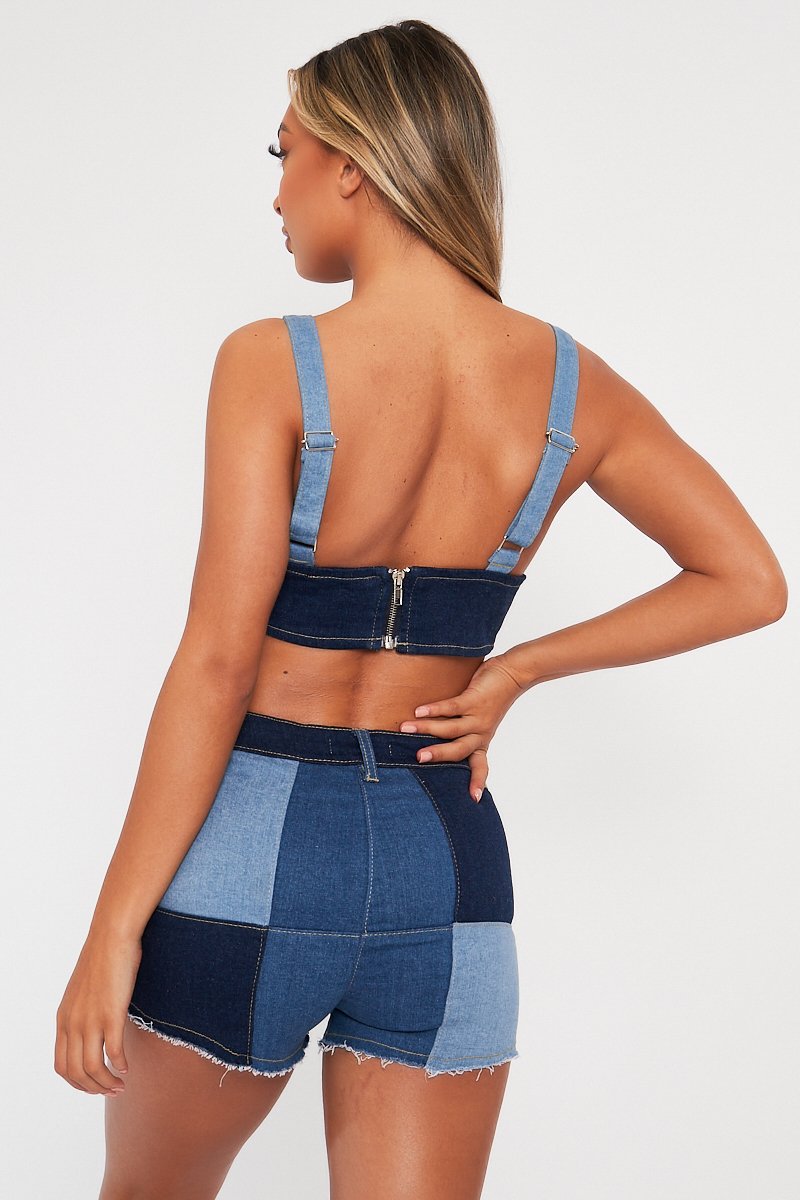 Blue Contrast Panel Denim Top - Aariana-Tops