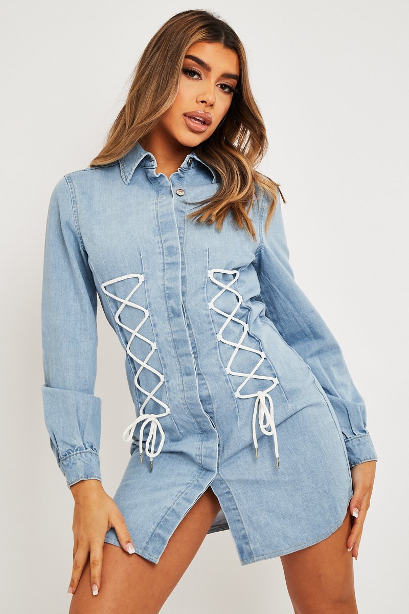 Blue Corset Lace Front Denim Mini Dress - Galya-Dresses