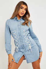 Blue Corset Lace Front Denim Mini Dress - Galya-Dresses
