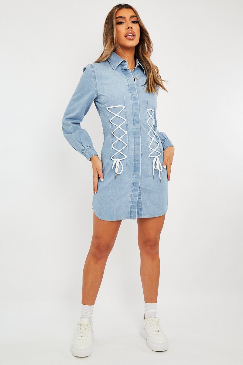 Blue Corset Lace Front Denim Mini Dress - Galya-Dresses