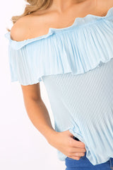 Blue Crinkle Off Shoulder Top - Lucille-Tops