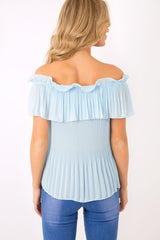 Blue Crinkle Off Shoulder Top - Lucille-Tops