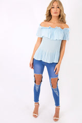 Blue Crinkle Off Shoulder Top - Lucille-Tops