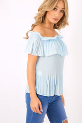 Blue Crinkle Off Shoulder Top - Lucille-Tops