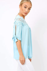 Blue Crochet Bardot Top - Evelina-Tops
