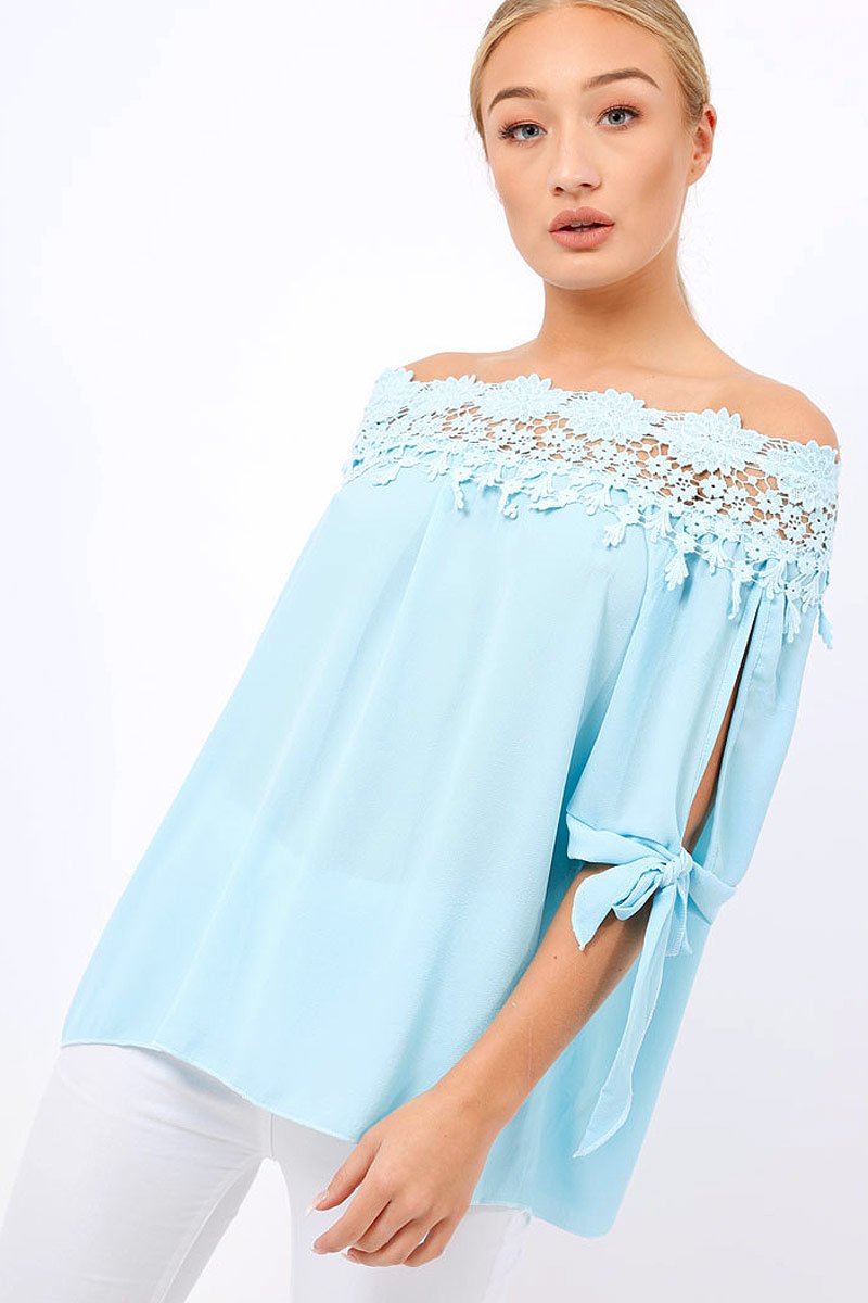 Blue Crochet Bardot Top - Evelina-Tops