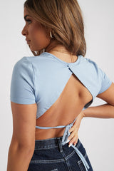 Blue Cut Out Tie Back Cropped T-shirt - Mel-T-shirt