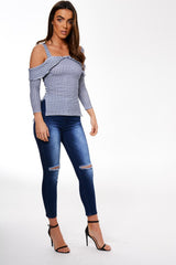 Blue Cut Shoulder Checked Top - Lucie-Tops
