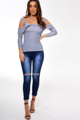 Blue Cut Shoulder Checked Top - Lucie-Tops