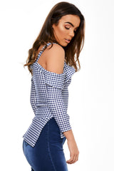 Blue Cut Shoulder Checked Top - Lucie-Tops