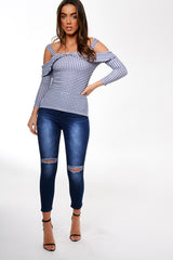 Blue Cut Shoulder Checked Top - Lucie-Tops