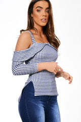 Blue Cut Shoulder Checked Top - Lucie-Tops