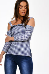 Blue Cut Shoulder Checked Top - Lucie-Tops
