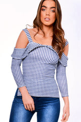 Blue Cut Shoulder Checked Top - Lucie-Tops