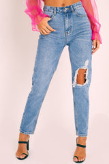 Blue Denim Back Leg Ripped Mom Jeans - Lujane-Jeans