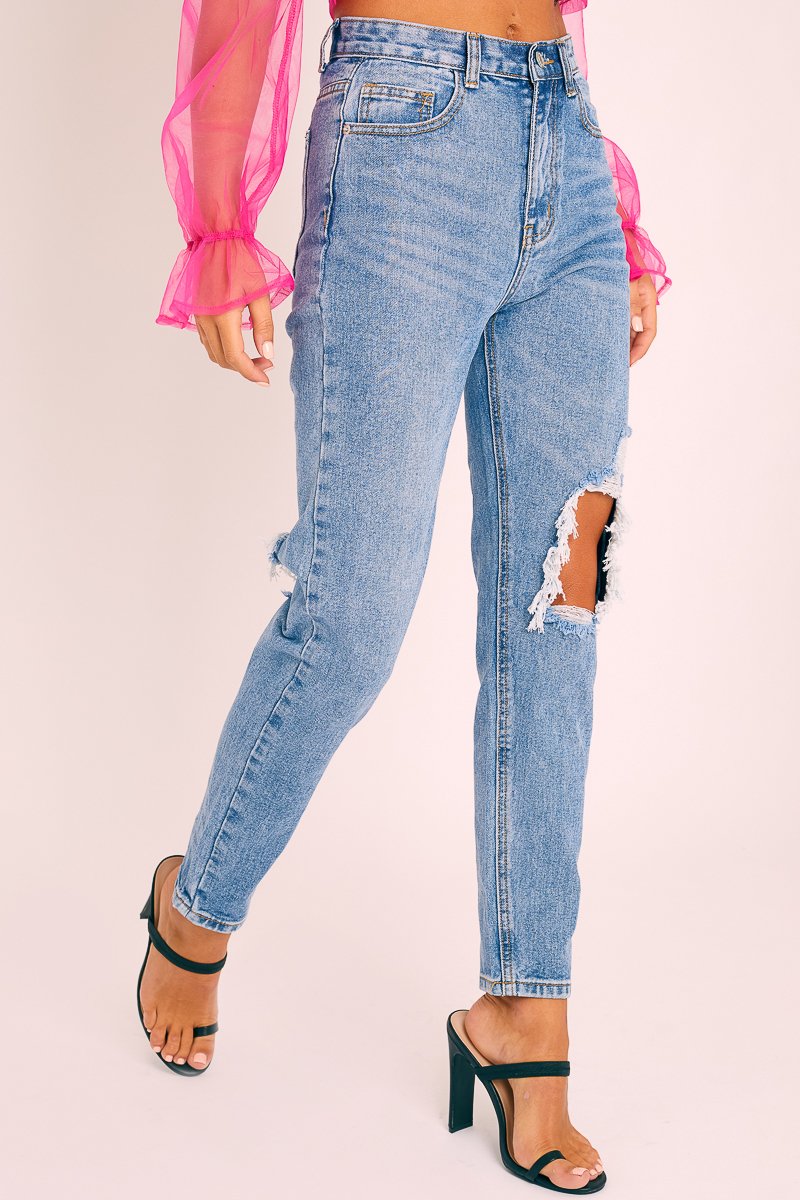 Blue Denim Back Leg Ripped Mom Jeans - Lujane-Jeans