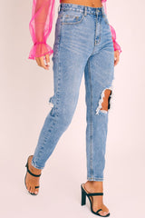 Blue Denim Back Leg Ripped Mom Jeans - Lujane-Jeans