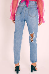 Blue Denim Back Leg Ripped Mom Jeans - Lujane-Jeans