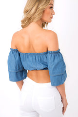 Blue Denim Bardot Gypsy Top - Shardia-Tops