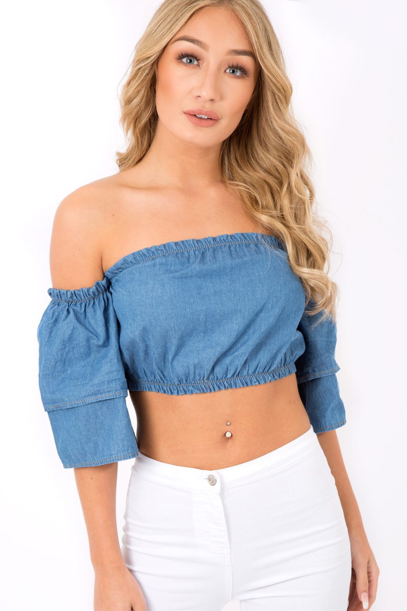 Blue Denim Bardot Gypsy Top - Shardia-Tops