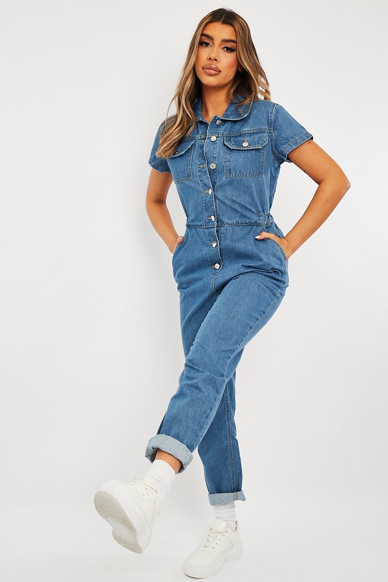 Blue Denim Button Front Boiler Jumpsuit - Kashia-Jumpsuits