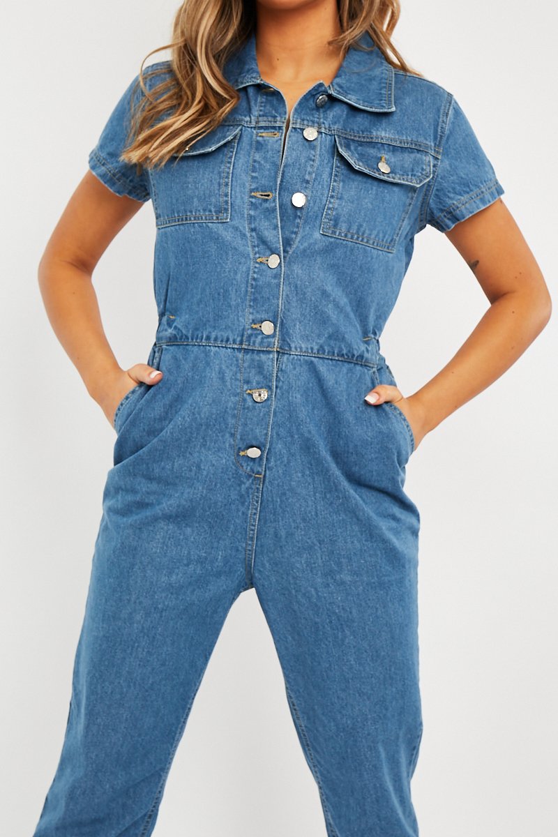 Blue Denim Button Front Boiler Jumpsuit - Kashia-Jumpsuits