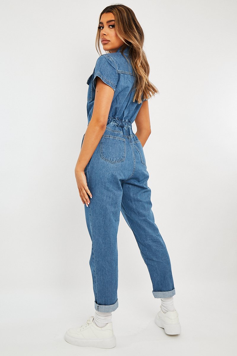 Blue Denim Button Front Boiler Jumpsuit - Kashia-Jumpsuits