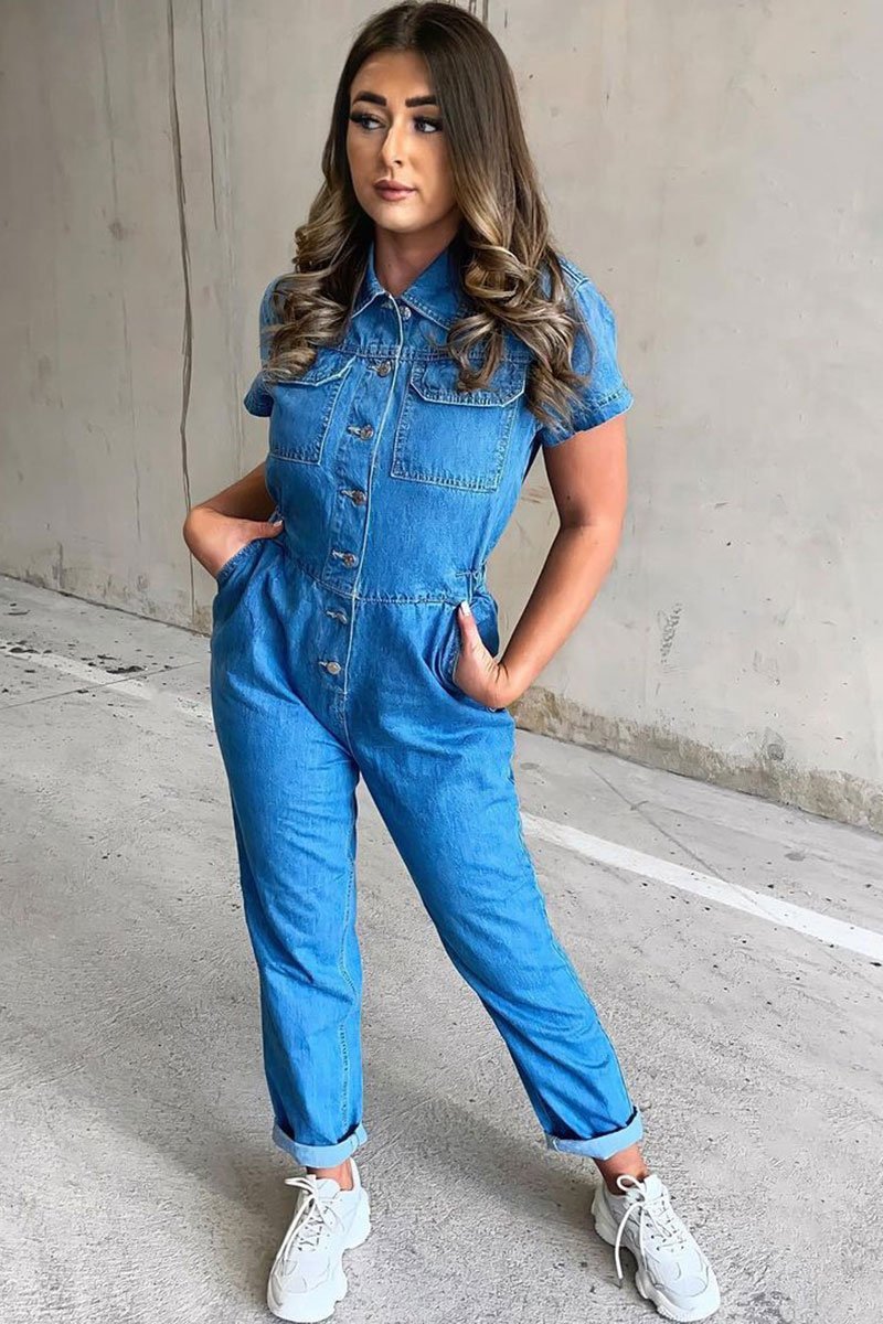 Blue Denim Button Front Boiler Jumpsuit - Kashia-Jumpsuits
