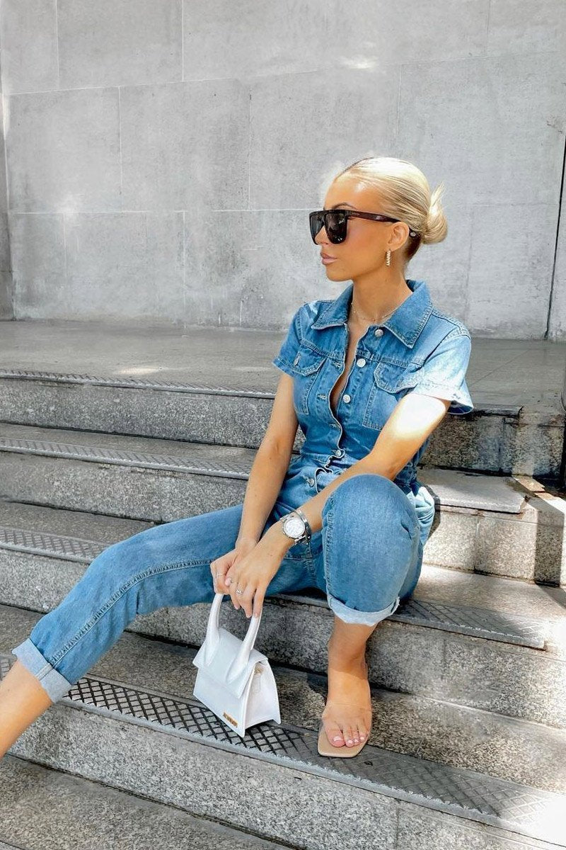 Blue Denim Button Front Boiler Jumpsuit - Kashia-Jumpsuits